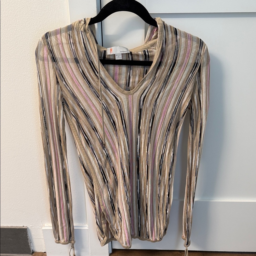 Missoni Beige and Pink Striped V-Neck Blouse